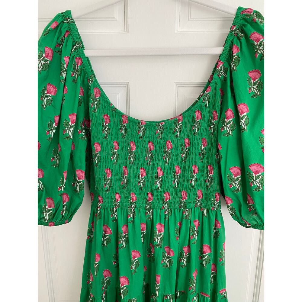 PINK CITY PRINTS Tuckernuck Parakeet Blossom Angelina Midi Smocked Dress Green M - Picture 9 of 9